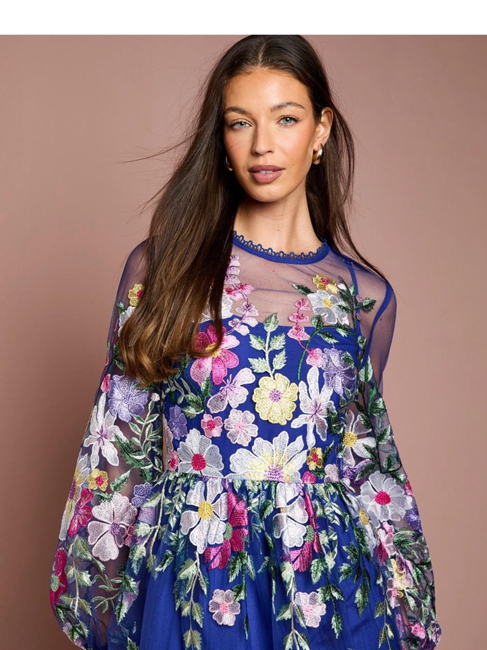 STUNNING Navy Floral Embroidered Maxi Dress with Sheer Yoke